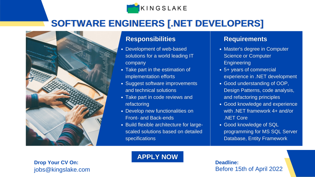 Job vacancy for Software Engineers [.NET Developers] in Kingslake